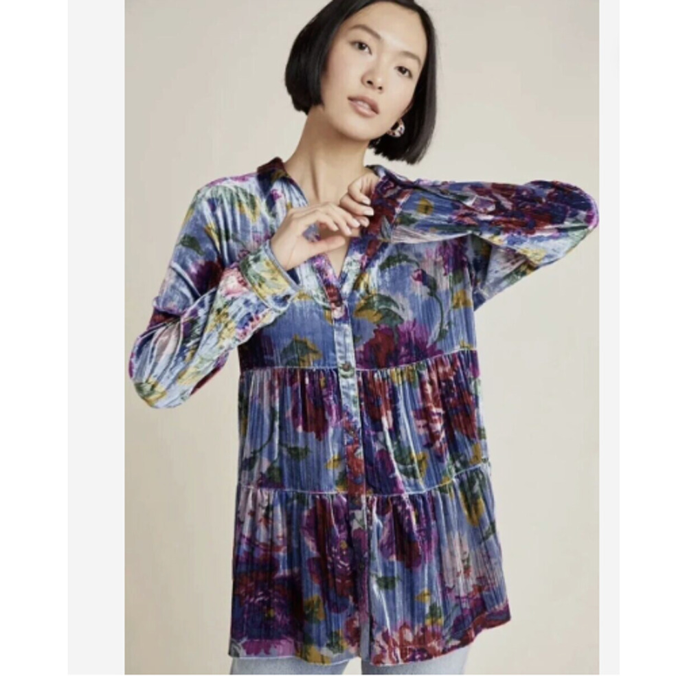 Maeve Reverie Tiered Blouse Womens Size XS Floral Velvet Top Anthropologie
